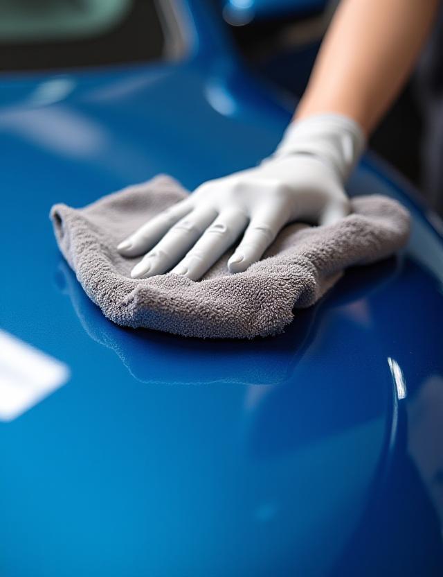 Close up of car detailing process with polish and microfiber cloth